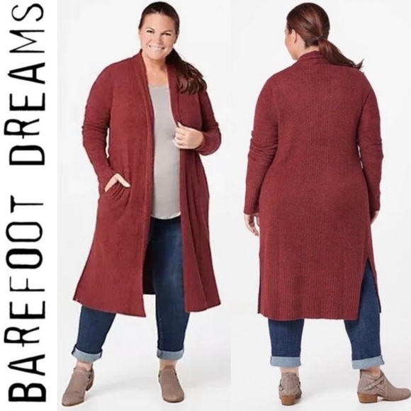 Barefoot Dreams CozyChic Lite Catalina Cardi Sweater Garnet Red Cardigan Duster - Picture 3 of 16